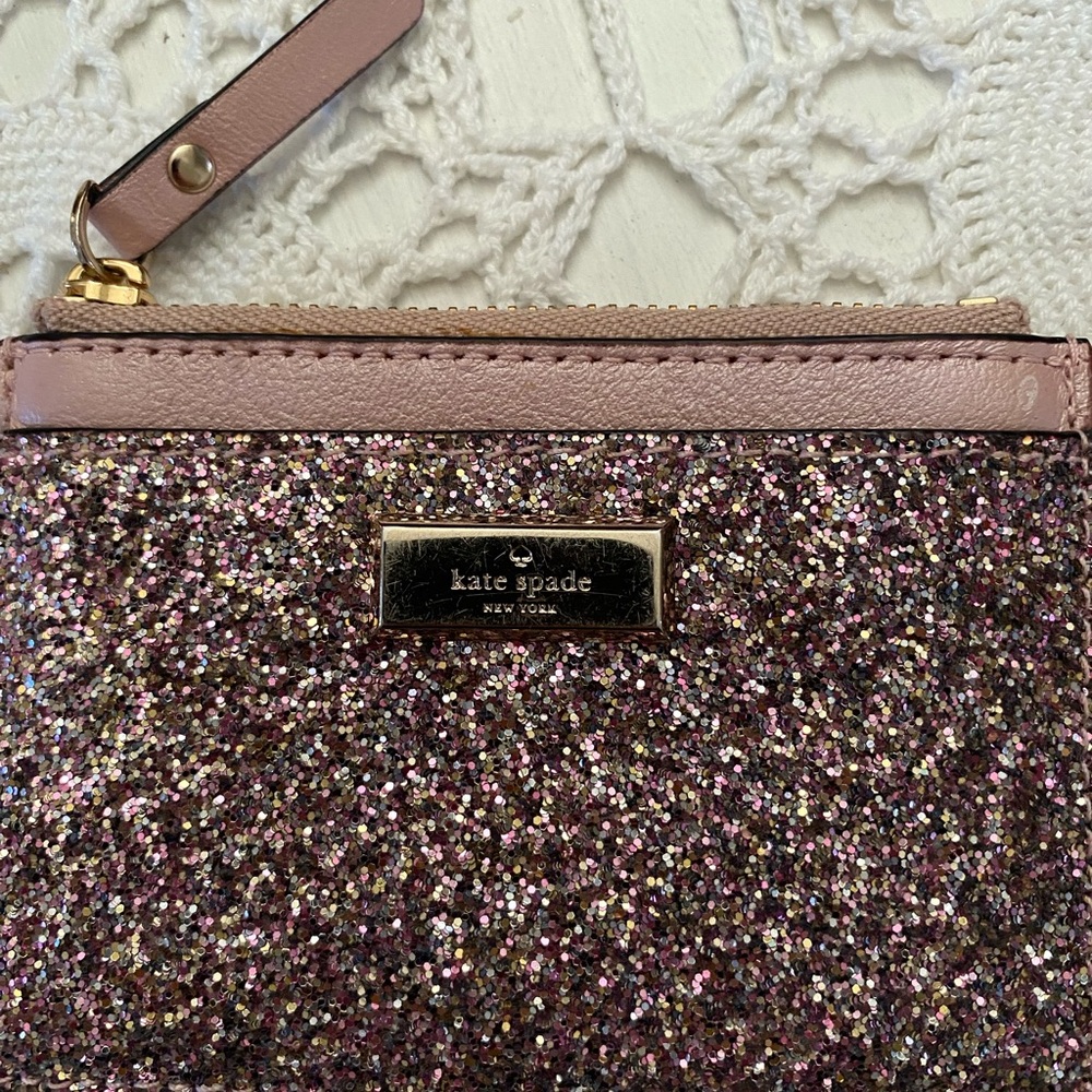 Kate spade pink glitter card holder w zipper for change etc